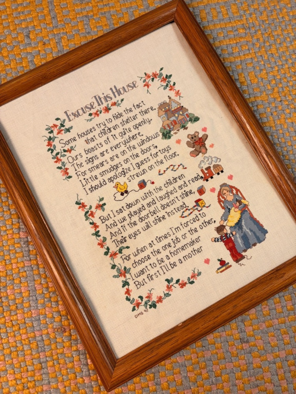 🧵✨ Vintage Needlepoint “Excuse This House” Framed Embroidery Wall Art ✨🧵